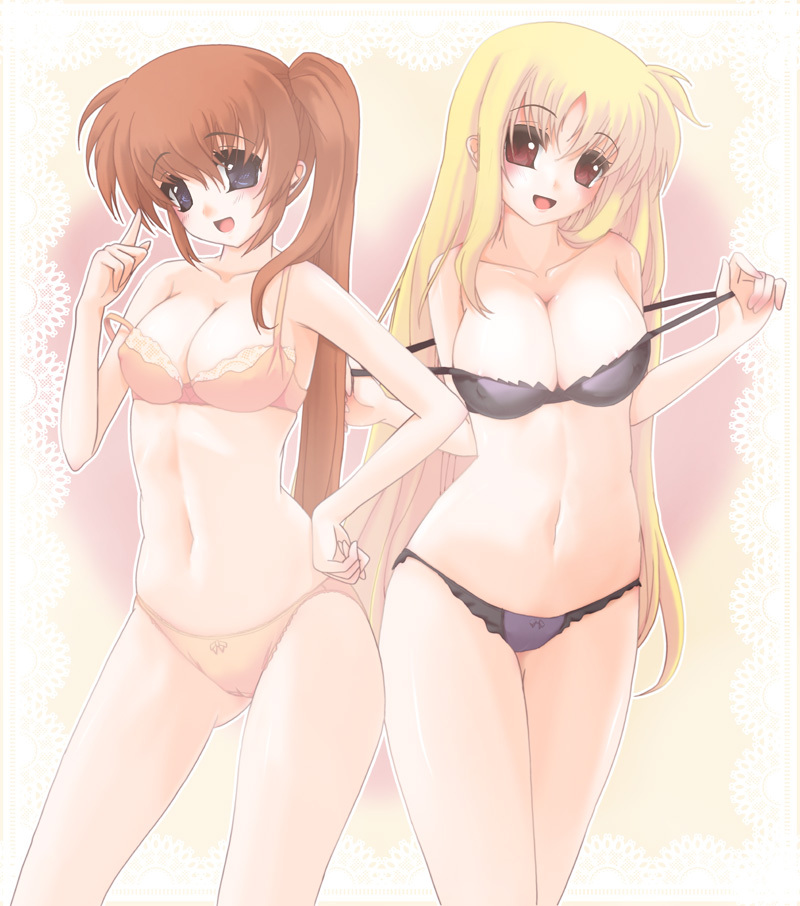 blue_eyes bra bra_pull breasts brown_hair cleavage fate_testarossa frapowa large_breasts lingerie long_hair lyrical_nanoha mahou_shoujo_lyrical_nanoha multiple_girls navel panties ponytail red_eyes strap_slip takamachi_nanoha underwear underwear_only undressing very_long_hair