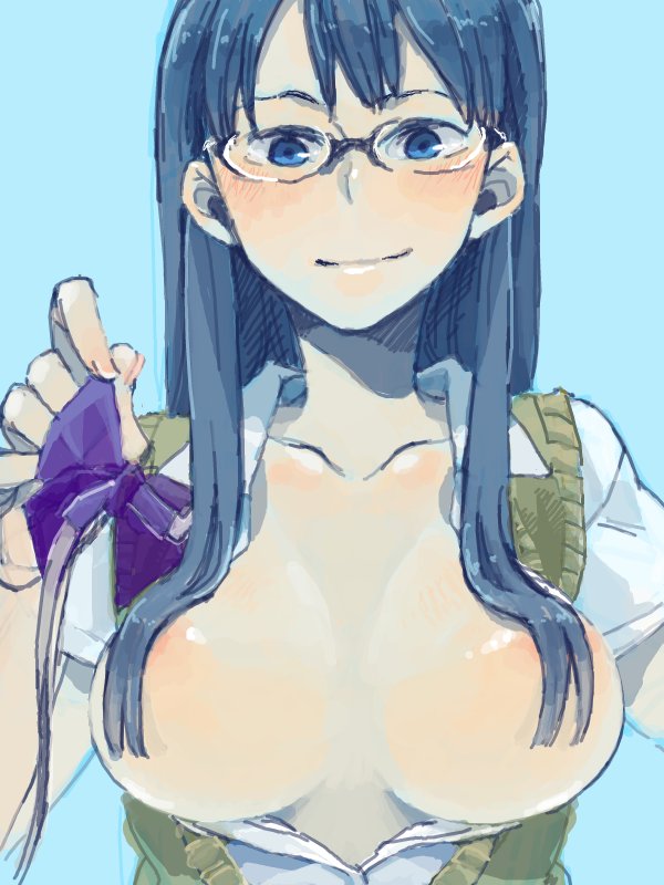 blue_eyes blue_hair blush breasts glasses hair_over_breasts huge_breasts long_hair morihito no_bra open_clothes open_shirt original school_uniform shirt solo sweater_vest