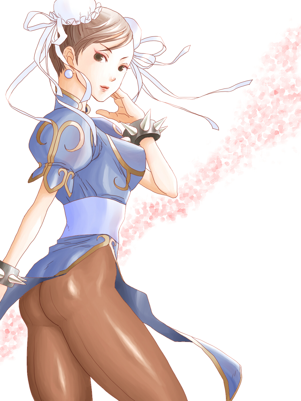 ass bad_id bad_pixiv_id bracelet brown_eyes brown_hair bun_cover china_dress chinese_clothes chun-li double_bun dress earrings highres jewelry kei0602 makeup pantyhose pelvic_curtain sash solo spiked_bracelet spikes street_fighter