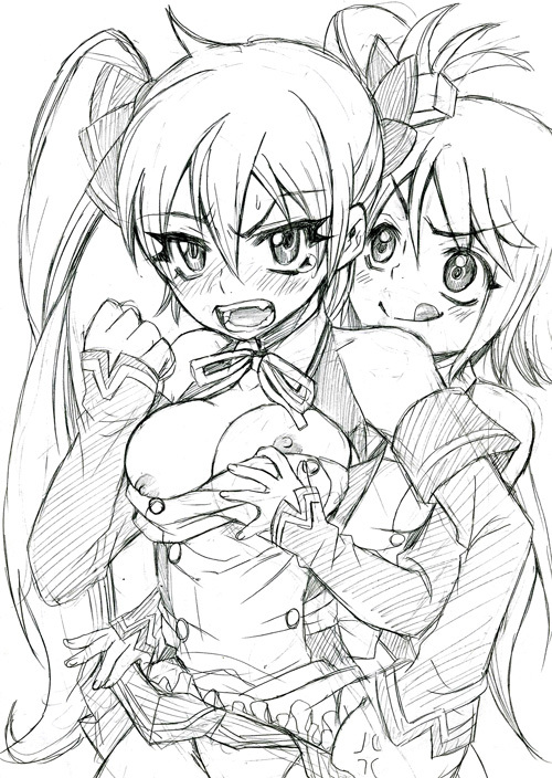 85.(pixiv) :d angry bad_id bad_pixiv_id bare_shoulders blush breast_grab breasts detached_sleeves dream_c_club dream_c_club_(series) grabbing greyscale hair_cubes hair_ornament large_breasts long_hair maid mian_(dream_c_club) monochrome multiple_girls naughty_face nipples open_mouth panties ribbon setsu_(dream_c_club) short_hair sketch skirt skirt_lift smile tongue twintails underwear