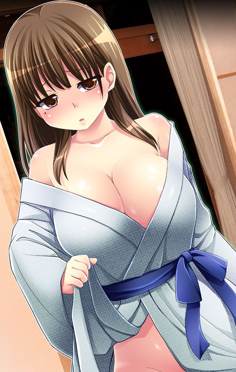 anegasaki_nene blush brown_eyes brown_hair hijiri_tsukasa japanese_clothes long_hair love_plus mole mole_under_eye no_panties skirt skirt_lift solo