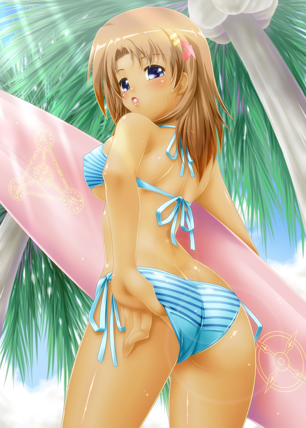 adjusting_clothes adjusting_swimsuit ass ayato bad_id bad_pixiv_id bikini bikini_tan blue_eyes breasts brown_hair covered_nipples cowboy_shot day from_behind from_below highres lens_flare looking_at_viewer looking_back lyrical_nanoha mahou_senki_lyrical_nanoha_force mahou_shoujo_lyrical_nanoha_strikers medium_breasts open_mouth palm_tree shiny shiny_skin short_hair solo striped striped_bikini surfboard swimsuit tan tanline tree underboob yagami_hayate