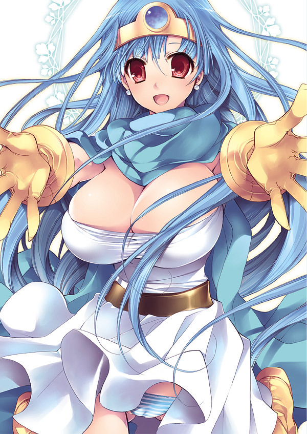 bad_id bad_pixiv_id belt blue_hair breasts cape cleavage dragon_quest dragon_quest_iii dress earrings gloves huge_breasts jewelry kotoji long_hair panties red_eyes sage_(dq3) smile solo striped striped_panties underwear