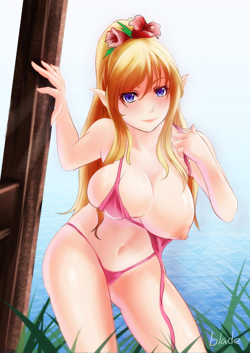 bikini blonde_hair breasts elf huge_breasts long_hair nipples one_breast_out original pointy_ears purple_eyes qblade solo swimsuit wardrobe_malfunction