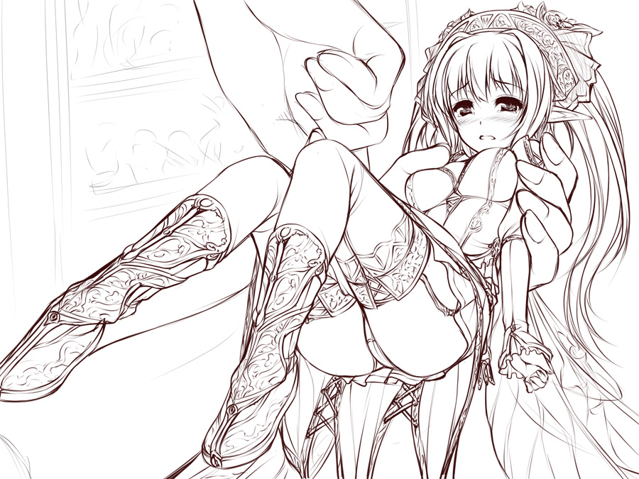 assisted_exposure blush copyright_request embarrassed fairy greyscale long_hair minigirl monochrome panties sketch solo_focus thighhighs underwear uni8 upskirt wings