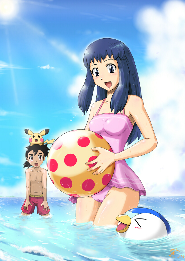 1girl ball beachball black_eyes blue_hair cameltoe casual_one-piece_swimsuit gen_1_pokemon gen_4_pokemon gouguru hikari_(pokemon) male_swimwear no_hat no_headwear ocean one-piece_swimsuit pikachu piplup pokemon pokemon_(anime) pokemon_(creature) satoshi_(pokemon) swim_trunks swimsuit swimwear