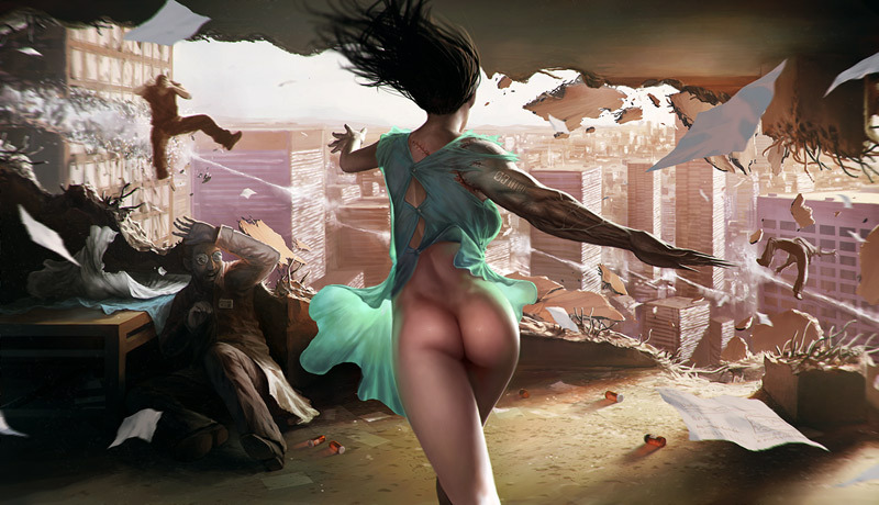 3boys ass back battle black_hair bottomless building city cityscape collateral_damage destruction from_behind glasses hospital_gown labcoat long_hair multiple_boys no_panties original randis realistic scar scenery veins