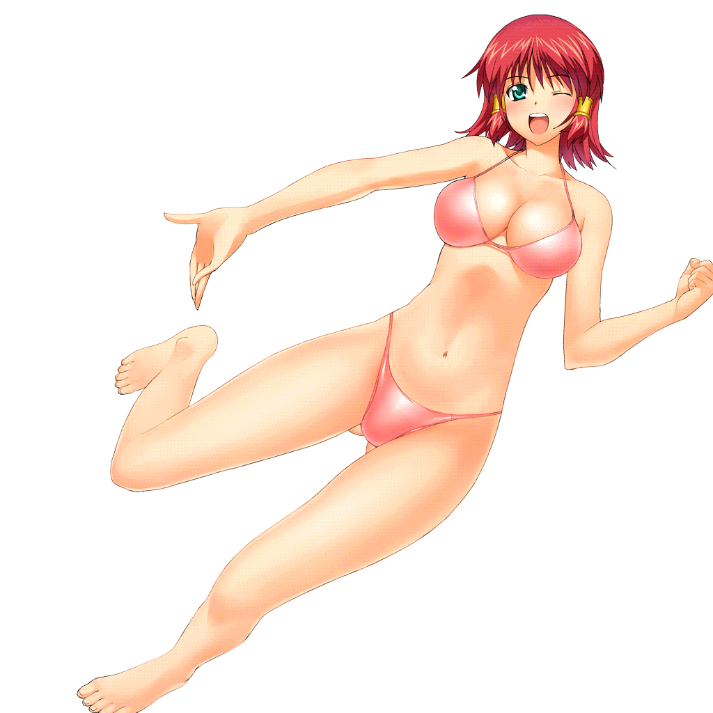 :d a1 barefoot bikini breasts cleavage clenched_hand full_body green_eyes hair_tubes large_breasts navel one_eye_closed open_mouth outstretched_hand pink_bikini quiz_magic_academy red_hair ruquia short_hair smile solo swimsuit transparent_background