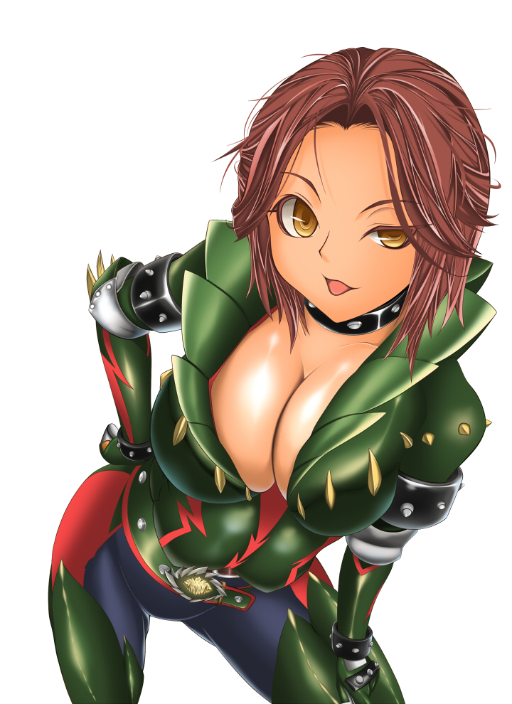 aniki-1029 belt breasts brown_hair choker cleavage deviljho_(armor) gloves hand_on_hip jacket large_breasts leather leather_jacket monster_hunter monster_hunter_3 open_clothes open_jacket open_mouth solo spikes yellow_eyes