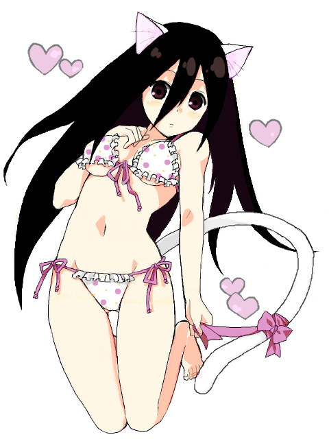 animal_ears arched_back barefoot bikini black_hair bow breasts brown_eyes cat_ears cat_tail ekra front-tie_top full_body groin hand_on_own_chest heart kneeling komori_kiri long_hair medium_breasts navel polka_dot ribbon sayonara_zetsubou_sensei side-tie_bikini simple_background solo string_bikini swimsuit tail thigh_gap underboob