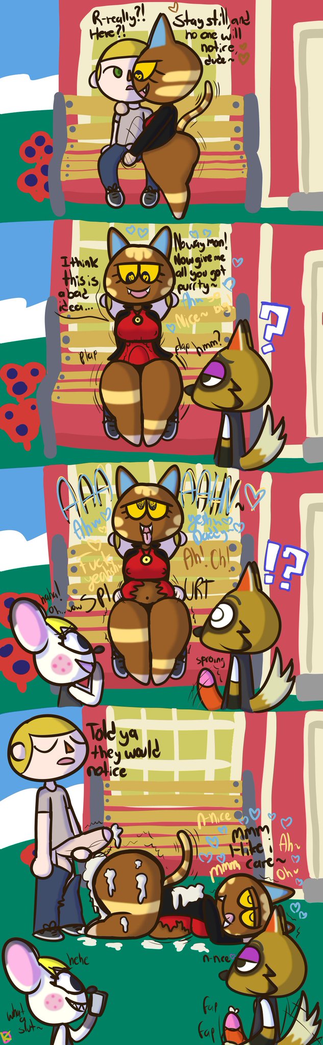 &lt;3 &lt;3_eyes abdominal_bulge anal anal_penetration animal_crossing anthro balls bella_(animal_crossing) bench big_breasts big_butt blonde_hair blush bodily_fluids bottomless breasts brown_body brown_fur butt canid canine canis clothed clothing cum cum_in_ass cum_inflation cum_inside cum_on_back cum_on_butt cum_on_ground digital_media_(artwork) domestic_cat duo english_text erection fangs felid feline felis female female_penetrated flower fur genital_fluids genitals hair hi_res human human_on_anthro inflation interspecies katt_(animal_crossing) klutzatdusk kyle_(animal_crossing) male male/female male_penetrating male_penetrating_female mammal masturbation moan mouse murid murine nintendo nipples on_lap open_mouth outside penetration penile penis phone plant public public_sex recording rodent sex sitting_on_lap smile text topwear torn_clothing video_games villager_(animal_crossing) white_body wolf