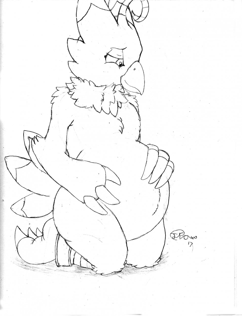 2017 anthro avian bandai_namco beak belly biyomon claws digimon digimon_(species) feathers female half-closed_eyes hand_on_stomach hi_res jimfoxx kneeling looking_down looking_down_at_stomach monochrome mouth_closed narrowed_eyes nude pregnant pregnant_female signature sitting smile solo tail_feathers toe_claws