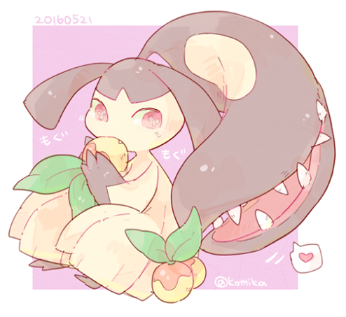 2016 berry_(pokemon) dated eating extra_mouth fang heart holding katiko leppa_berry lowres mawile motion_lines no_humans pink_eyes pokemon pokemon_(creature) sharp_teeth solo speech_bubble spoken_heart teeth twitter_username