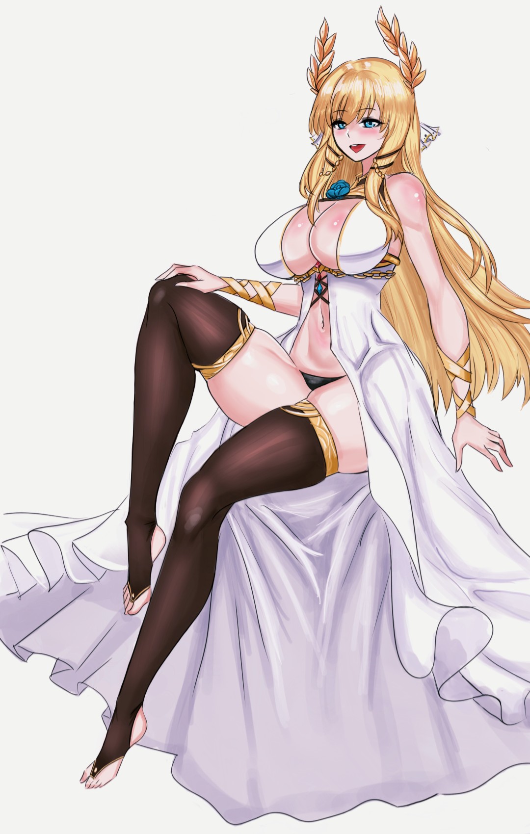 1girl azur_lane bare_shoulders black_panties blonde_hair blue_eyes blue_flower blue_rose blush breasts cleavage flower full_body highres invisible_chair kazx753 large_breasts laurel_crown long_hair looking_at_viewer panties ribbon rose sitting solo toeless_legwear underwear very_long_hair victorious_(azur_lane) wrist_ribbon