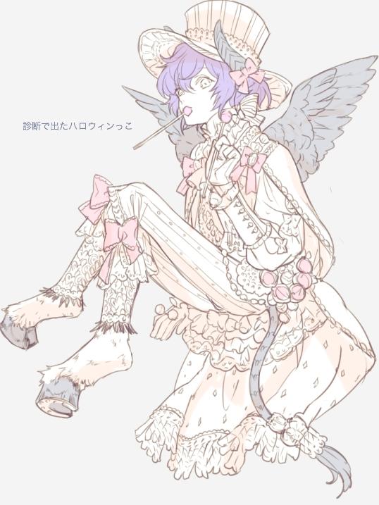 1boy black_wings bow candy feathered_wings food fur hat holding holding_candy holding_food holding_lollipop hooves horns lollipop monster_boy mouth_hold nishihara_isao original shindan_maker short_hair solo tail top_hat wavy_hair white_eyes wings
