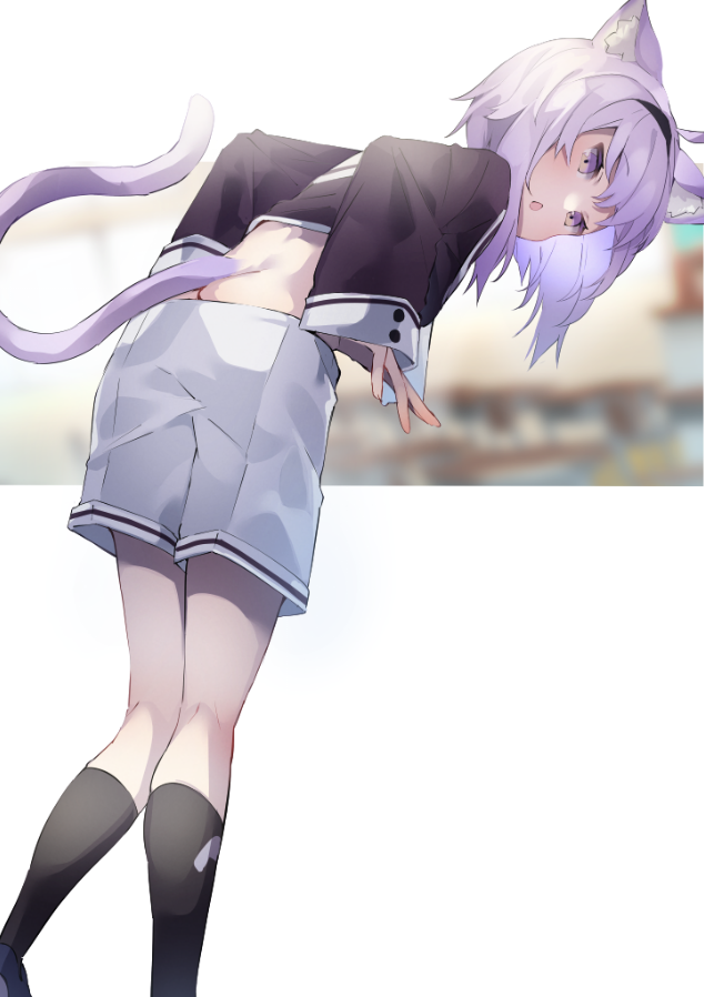 1girl ahoge animal_ear_fluff animal_ears bangs bent_over black_hairband black_shirt black_socks blurry blurry_background blush butt_crack cat_ears cat_girl cat_tail crop_top downpants feet_out_of_frame from_behind hair_between_eyes hairband hololive long_sleeves looking_at_viewer medium_hair nekomata_okayu open_mouth out_of_frame purple_eyes purple_hair shirt shorts sleeves_past_wrists socks solo standing tail tsushi virtual_youtuber white_shorts wide_sleeves