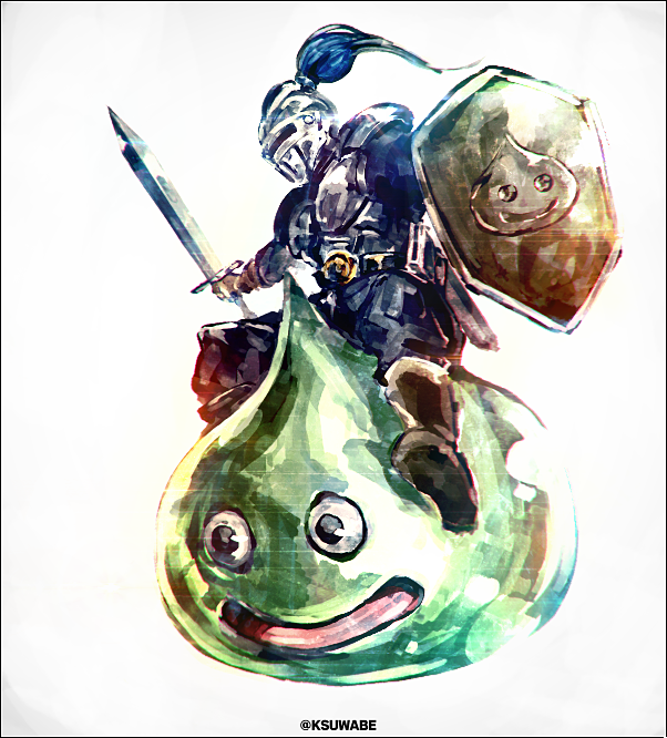 dragon_quest full_body holding holding_shield holding_sword holding_weapon k-suwabe knight monster no_humans open_mouth shield simple_background sitting sitting_on_head sitting_on_person slime_(creature) slime_knight smile sword twitter_username weapon white_background
