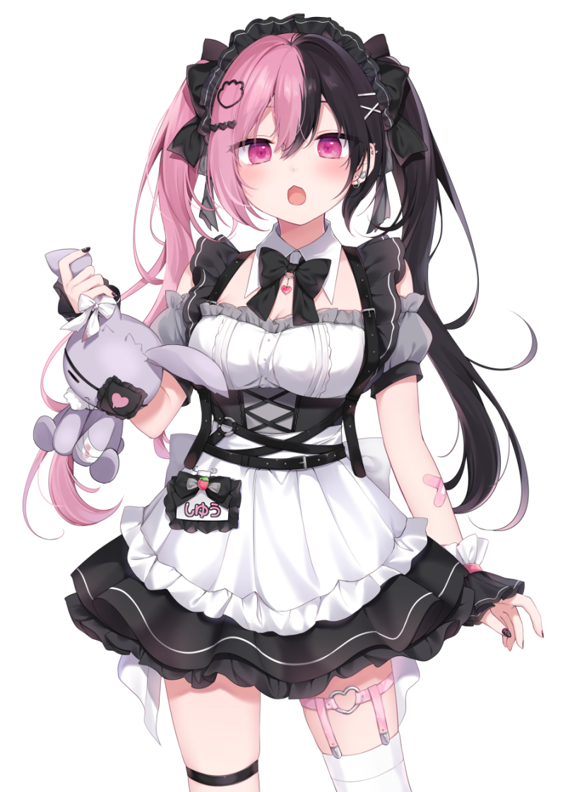 1girl amashiro_natsuki apron black_bow black_dress black_hair black_nails bow breasts cleavage commentary copyright_request detached_sleeves dress eyepatch frilled_apron frills grey_sleeves hair_bow hair_ornament hairclip heart heart_hair_ornament holding holding_stuffed_toy long_hair looking_at_viewer medium_breasts multicolored_hair nail_polish open_mouth pink_hair puffy_short_sleeves puffy_sleeves purple_eyes short_sleeves simple_background single_thighhigh skindentation sleeveless sleeveless_dress solo stuffed_animal stuffed_bunny stuffed_toy symbol-only_commentary thigh_strap thighhighs twintails two-tone_hair very_long_hair white_apron white_background white_thighhighs wrist_cuffs x_hair_ornament