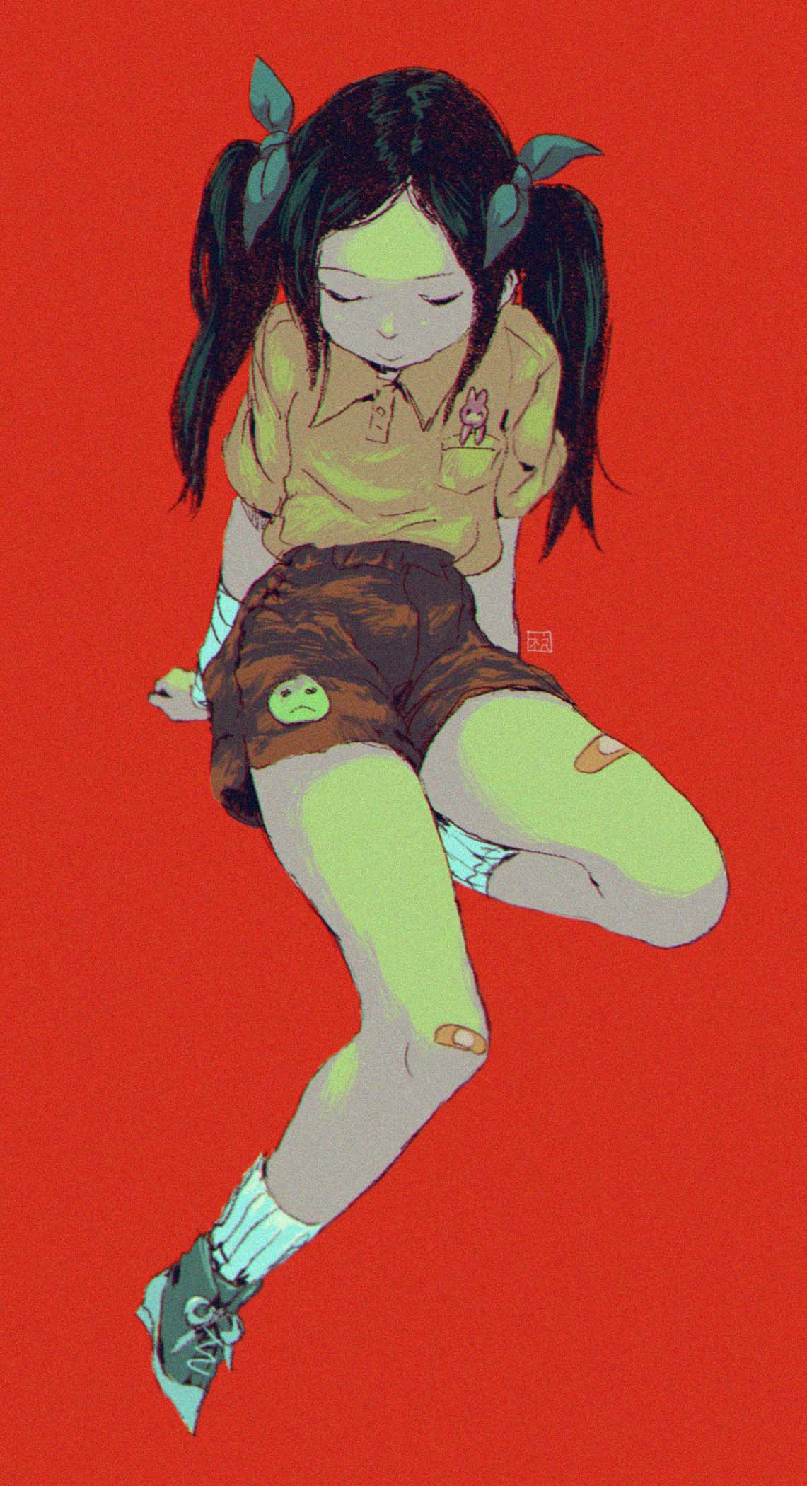 1girl bandaid bandaid_on_knee bandaid_on_leg black_hair brown_shorts closed_eyes closed_mouth collared_shirt hair_ribbon highres invisible_chair knee_up long_hair looking_down original ribbon shirt shirt_tucked_in shoes short_sleeves shorts sitting smiley_face sneakers solo ttanne twintails yellow_shirt