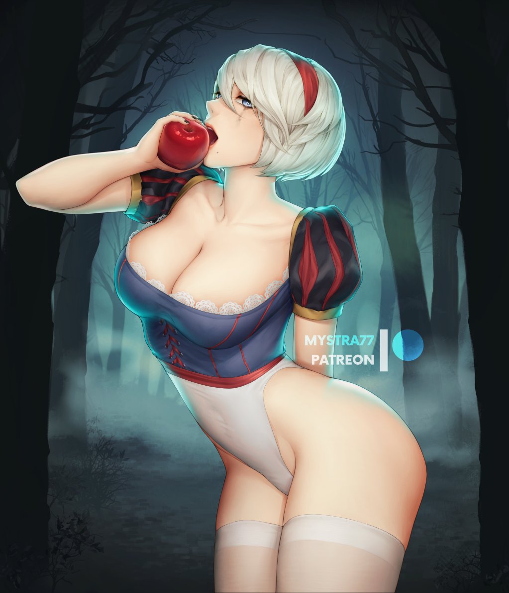1girl apple blue_eyes breasts bustier cleavage cosplay food forest fruit grimm's_fairy_tales hair_between_eyes hairband holding holding_food holding_fruit large_breasts leotard looking_at_viewer mystra77 nature nier_(series) nier_automata night open_mouth puffy_short_sleeves puffy_sleeves red_apple red_hairband red_lips runny_makeup short_hair short_sleeves snow_white_(grimm) snow_white_(grimm)_(cosplay) solo thighhighs white_hair white_leotard white_thighhighs yorha_no._2_type_b