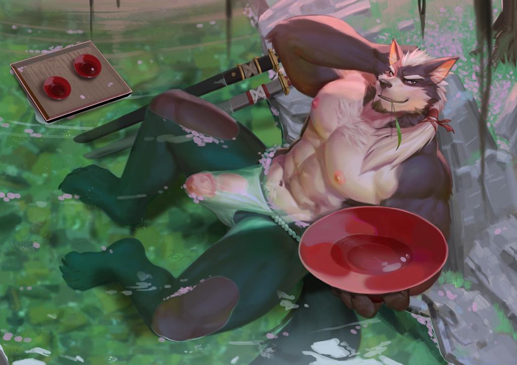 abs anthro asian_clothing bulge canid canine canis clothed clothing east_asian_clothing erection erection_under_clothing fundoshi genitals japanese_clothing looking_at_viewer male mammal melee_weapon muscular muscular_anthro muscular_male nipples pecs penis petals smile solo sword tenting underwear water wball weapon wolf