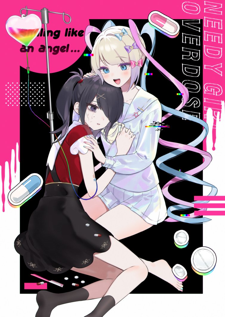 2girls ame-chan_(needy_girl_overdose) barefoot black_eyes black_hair black_socks blue_eyes blue_hair blush bow chouzetsusaikawa_tenshi-chan clinging crying crying_with_eyes_open english_text full_body glitch gradient_hair grey_hair hair_bow hair_ornament hair_over_one_eye heart holographic_clothing intravenous_drip iridescent iv_stand long_hair looking_at_another manio multicolored_hair multicolored_nails multiple_girls multiple_hair_bows needy_girl_overdose open_mouth parted_lips pill pin pink_hair pleated_skirt purple_hair quad_tails sailor_collar school_uniform serafuku skirt smile socks suspender_skirt suspenders tears twintails very_long_hair x_hair_ornament