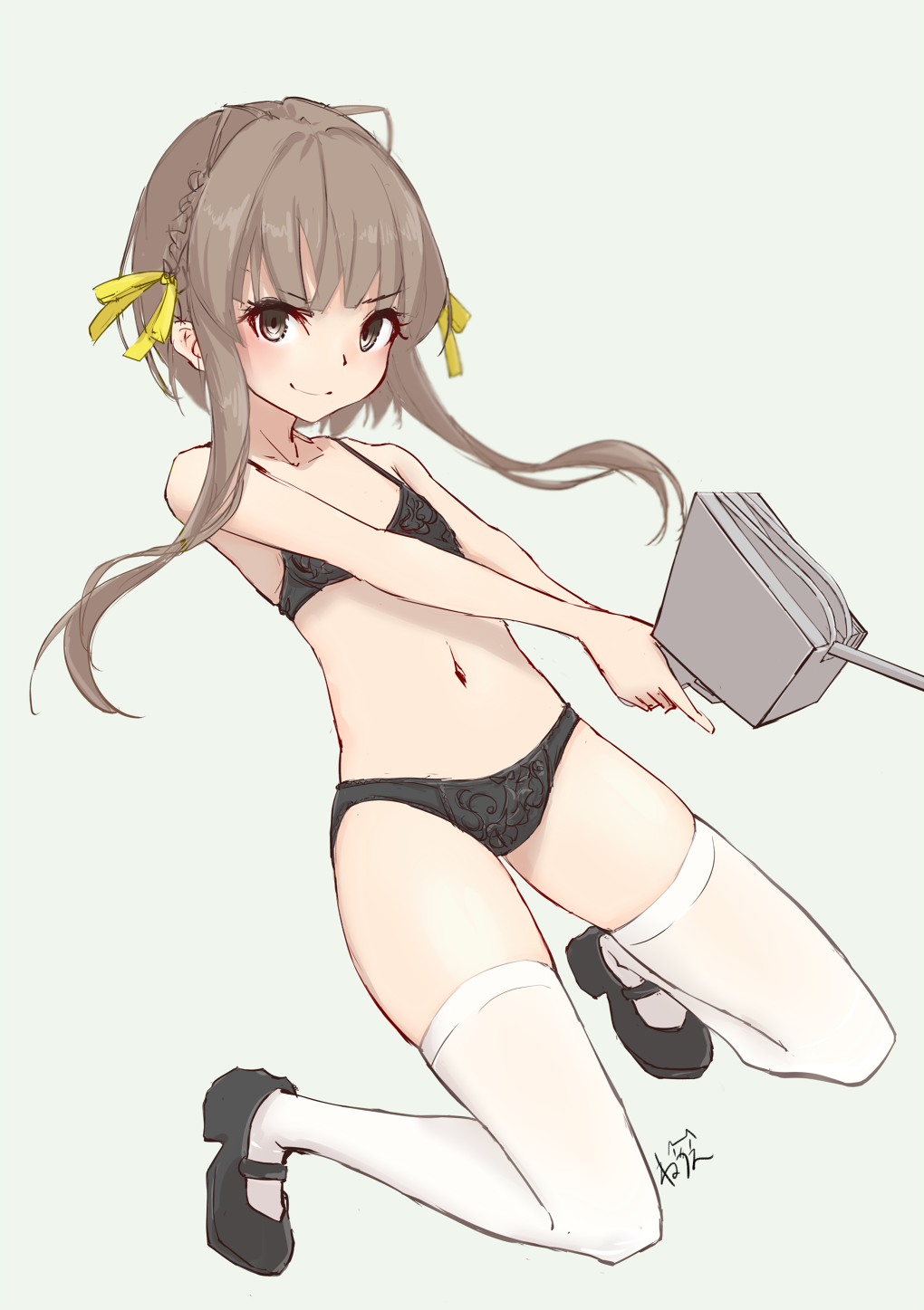 1girl adapted_turret black_bra black_panties bra braid breasts brown_eyes brown_hair cannon highres kantai_collection looking_at_viewer mary_janes neve panties shoes short_hair short_hair_with_long_locks simple_background small_breasts smile solo thighhighs turret ukuru_(kancolle) underwear underwear_only white_background white_thighhighs