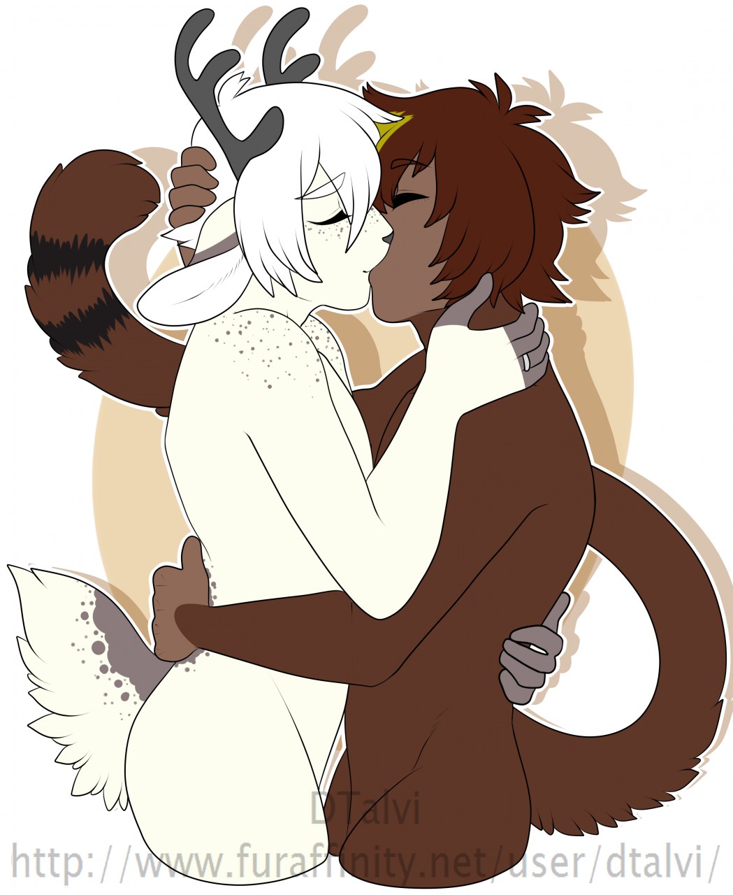 5_fingers akira_mizuhara anthro antlers back_markings brown_body brown_fur brown_hair brown_nose capreoline cervid dtalvi duo embrace eyebrow_through_hair eyebrows eyes_closed fingerless_(marking) fingers freckles_on_face freckles_on_shoulders fur hair haplorhine hi_res highlights_(coloring) horn kissing male male/male mammal markings monkey nude outline primate quent_(monkeyboi) ring roe_deer shoulder_freckles simple_background tail_markings translucent translucent_hair watermark white_background white_body white_fur white_hair white_outline