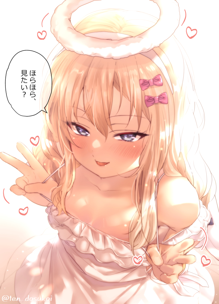 1girl bad_anatomy bad_arm blonde_hair blue_eyes blush bow closed_mouth collarbone double_v dress grecale_(kancolle) hair_bow hairband heart juurouta kantai_collection long_hair pink_bow short_sleeves smile solo speech_bubble tongue tongue_out translation_request twitter_username v white_background white_dress white_hairband