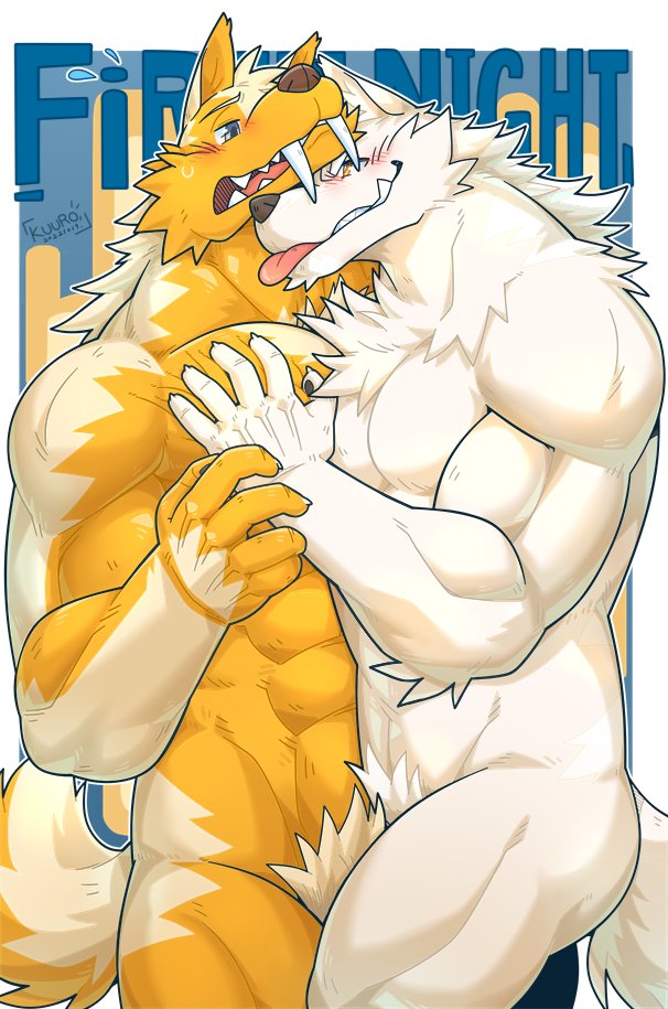2022 abs abstract_background anthro anthro_on_anthro barazoku biceps big_muscles bite biting_own_tongue blush bodily_fluids border canid canine canis claws cuddling duo embrace english_text eyebrows eyes_closed fangs flustered fur hair hand_on_chest hand_on_pecs huge_muscles kuulongarl male male/male mammal muscular muscular_anthro muscular_male narrowed_eyes nude open_mouth pec_grasp pec_squish pecs pubes sabertooth_(anatomy) self_bite signature smile squish sweat sweatdrop teeth text tongue tongue_bite tongue_out tuft white_border wolf