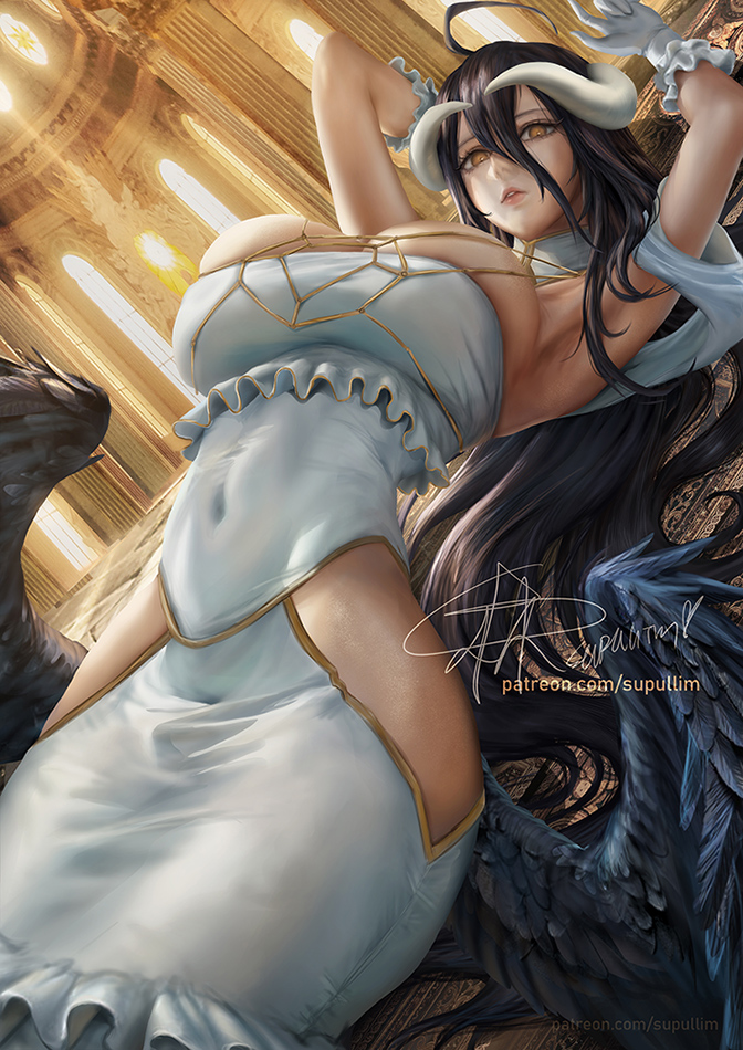 1girl 2022 albedo_(overlord) arched_back armpit_crease bangs black_hair black_wings breasts cathedral church clothing_cutout covered_navel demon_girl demon_horns detached_collar dress english_commentary feathered_wings frilled_dress frilled_gloves frills gloves hair_between_eyes hip_vent horns huge_breasts impossible_clothes impossible_dress indoors large_breasts long_hair looking_at_viewer low_horns low_wings lying off-shoulder_dress off_shoulder on_back overlord_(maruyama) parted_lips silk skindentation solo spider_web spider_web_pattern supullim taut_clothes taut_dress teeth white_dress white_gloves white_horns wings yellow_eyes