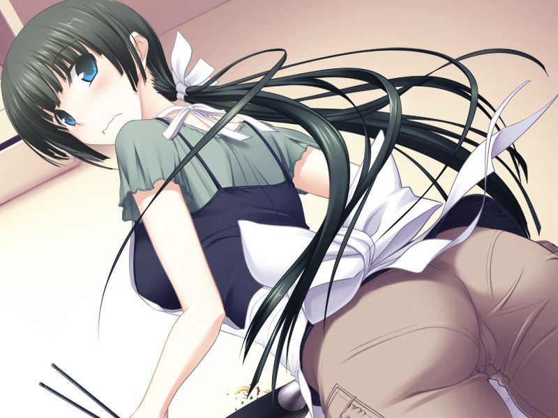 1girl bangs black_hair black_shirt blue_eyes blunt_bangs brown_pants closed_mouth cooking dutch_angle floating_hair from_below game_cg green_shirt hair_ribbon indoors kawagishi_keitarou long_hair looking_back looking_down low_twintails maji_de_watashi_ni_koi_shinasai! pants ribbon shiny shiny_hair shirt short_sleeves sleeveless sleeveless_shirt solo spaghetti_strap twintails very_long_hair wavy_mouth white_ribbon