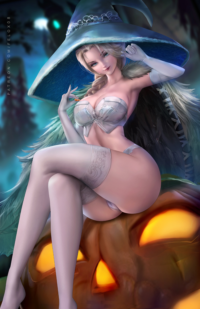1girl bare_shoulders blonde_hair blue_eyes blurry blurry_background braid braided_ponytail breasts bustier cape crossed_legs dutch_angle elbow_gloves elsa_(frozen) felox08 frozen_(disney) fur_cape gloves hair_over_shoulder halloween jack-o'-lantern large_breasts long_hair looking_at_viewer night panties red_lips single_braid sitting smile solo thighhighs underwear web_address white_gloves white_panties white_thighhighs