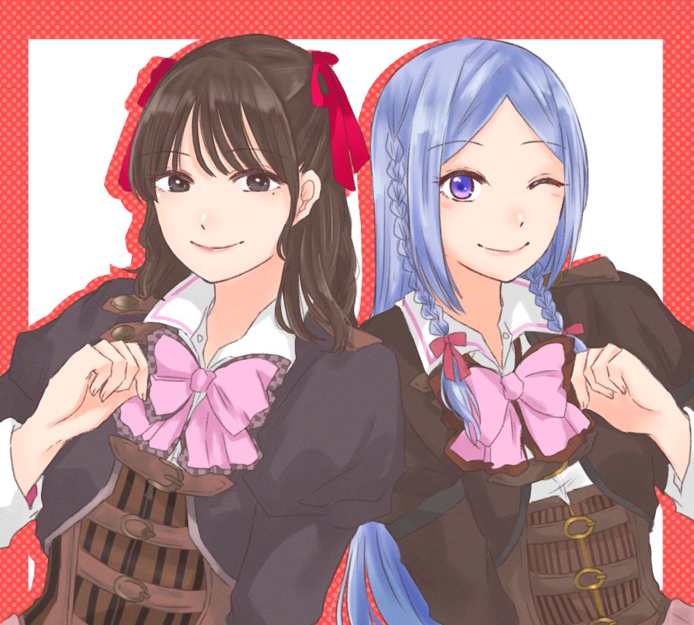 2girls ;) arm_at_side assault_lily bangs belt belt_buckle black_eyes black_jacket border bow braid brown_belt brown_hair brown_jacket buckle closed_mouth collared_shirt commentary corset drop_shadow fingernails grey_hair hair_ribbon hand_up ishii_haruna jacket juliet_sleeves long_hair long_sleeves looking_at_viewer ludvico_private_girls'_academy_school_uniform medium_hair mole mole_under_eye multiple_belts multiple_girls nigari_(ngari_0115) one_eye_closed open_clothes open_jacket outside_border parted_bangs pink_bow polka_dot_border puffy_sleeves purple_eyes real_life red_border red_ribbon ribbon school_uniform shirt side-by-side side_braids smile symbol-only_commentary tachibana_theresia_nagisa twin_braids underbust upper_body very_long_hair voice_actor voice_actor_connection white_background white_shirt