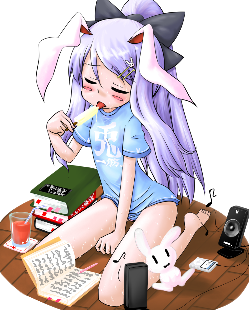 alternate_costume alternate_hairstyle animal_ears barefoot blush book bunny bunny_ears contemporary digital_media_player food ipod ironsoldier long_hair ponytail popsicle purple_hair reisen_udongein_inaba sexually_suggestive solo sweat touhou