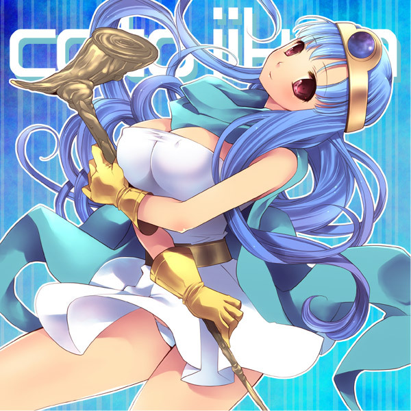 belt blue_hair blush breasts cape circlet cleavage dragon_quest dragon_quest_iii gloves kotoji large_breasts legs long_hair panties pantyshot red_eyes sage_(dq3) skirt smile solo staff underwear