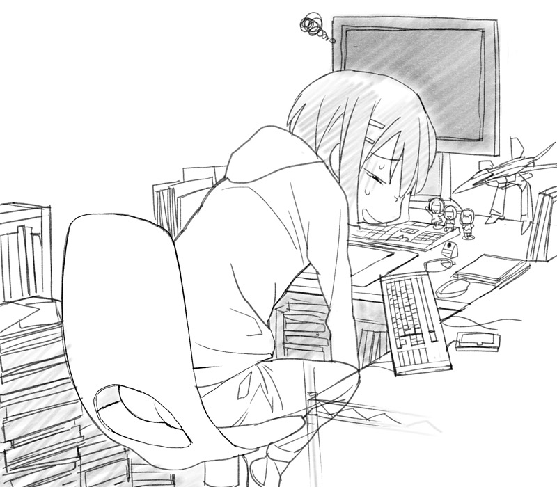 a1 ass chair chibi computer gerwalk gloom_(expression) greyscale hair_ornament hair_over_one_eye hairclip hirasawa_yui hood hoodie k-on! keyboard_(computer) macross macross_frontier mecha monitor monochrome office_chair otaku short_hair solo sweat toy traditional_media vf-25