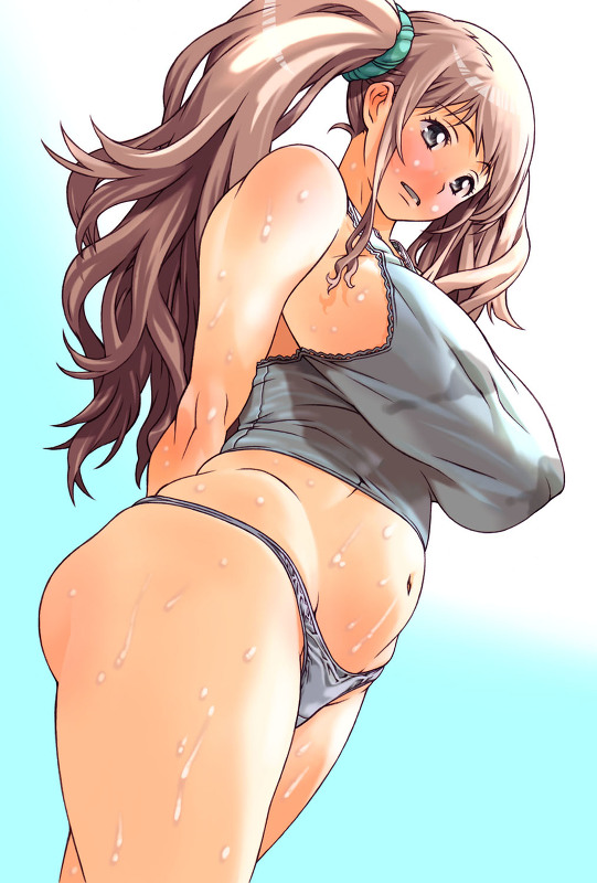 arms_behind_back ass blush breasts from_below huge_breasts image_sample kei_(bekei) long_hair md5_mismatch panties pixiv_sample plump solo sweat tank_top twintails underwear