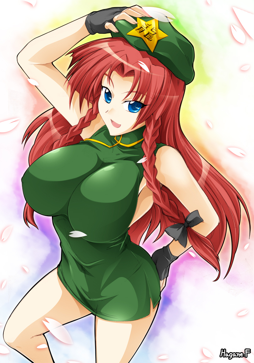 blue_eyes braid breasts dress fingerless_gloves gloves haganef hat hong_meiling huge_breasts long_hair red_hair solo star touhou twin_braids