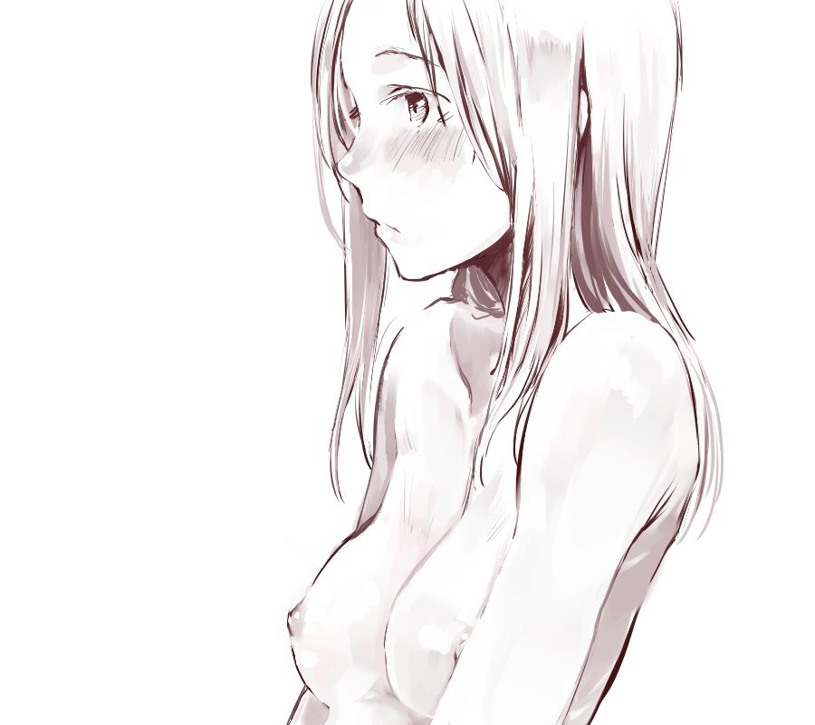 blush breasts greyscale long_hair medium_breasts monochrome morihito nipples nude original sketch solo upper_body