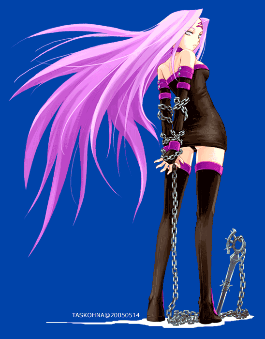 bdsm black_panties bondage boots bound breasts chain detached_sleeves dress facial_mark fate/stay_night fate_(series) forehead_mark long_hair medium_breasts nameless_dagger panties pink_eyes pink_hair rider solo strapless strapless_dress task_owner thigh_boots thighhighs underwear very_long_hair weapon