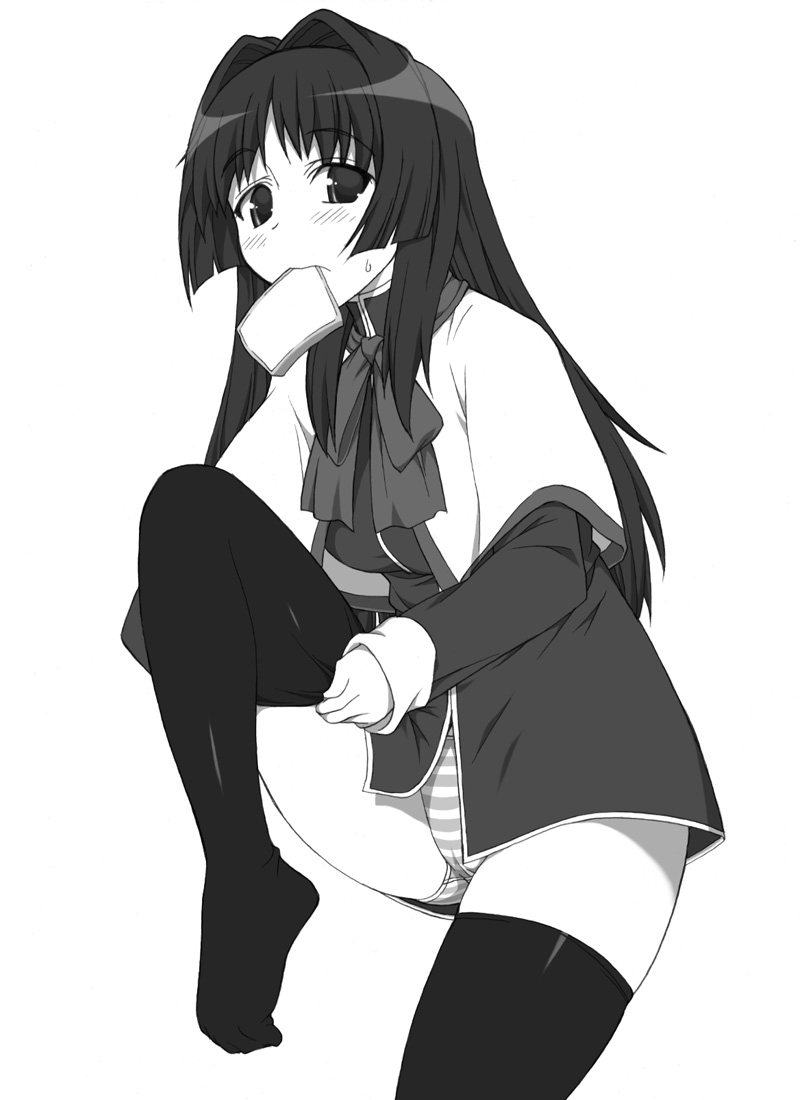 blush food food_in_mouth greyscale kanon late_for_school long_hair minase_nayuki monochrome mouth_hold panties school_uniform shichimenchou simple_background solo striped striped_panties sweatdrop thighhighs toast toast_in_mouth underwear