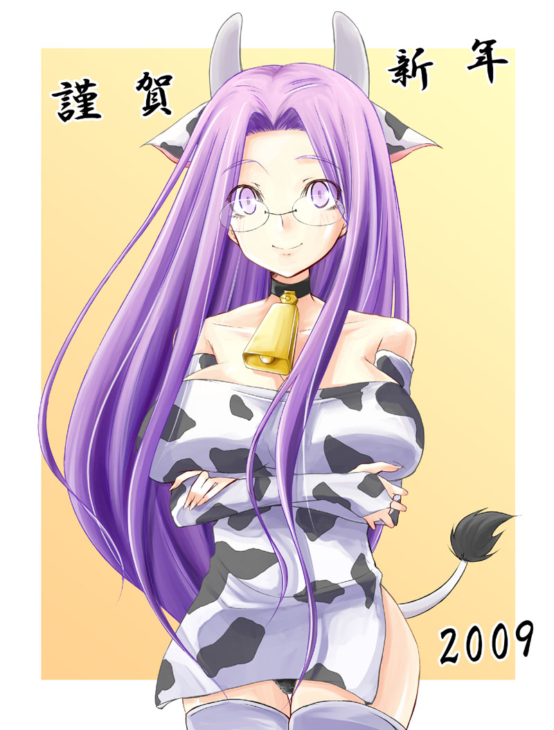 2009 animal_ears animal_print bell breasts cow_bell cow_ears cow_girl cow_horns cow_print cow_tail fate/stay_night fate_(series) glasses horns huge_breasts long_hair new_year purple_eyes purple_hair rider solo tail thighhighs very_long_hair zanku