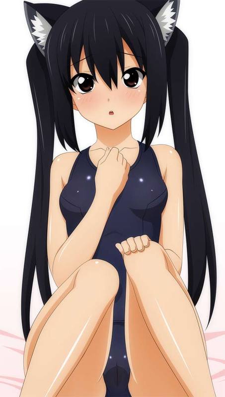 animal_ears black_hair blush brown_eyes cameltoe cat_ears image_sample k-on! nakano_azusa one-piece_swimsuit open_mouth pixiv_sample school_swimsuit solo sugimura_tomokazu swimsuit twintails