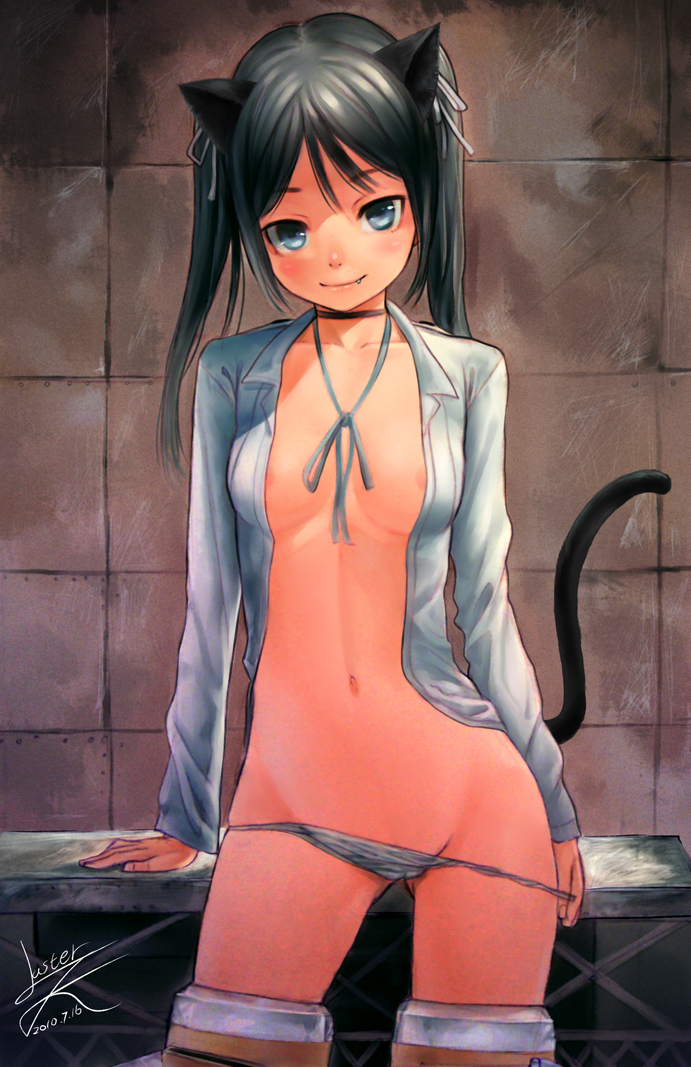 areola_slip areolae black_hair blue_eyes blush breasts fang francesca_lucchini lasterk long_hair no_bra open_clothes open_shirt panties panty_pull shirt small_breasts solo strike_witches striped striped_panties tail twintails underwear white_shirt world_witches_series