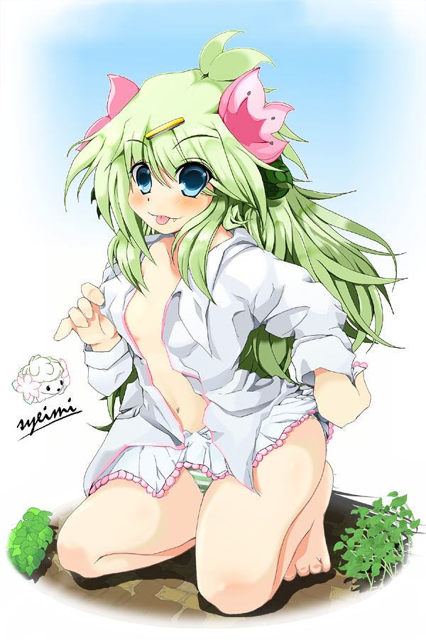 :p blue_eyes fang gen_4_pokemon green_hair no_bra panties personification pokemon rakkogawa_rinro shaymin solo striped striped_panties tears tongue tongue_out underwear