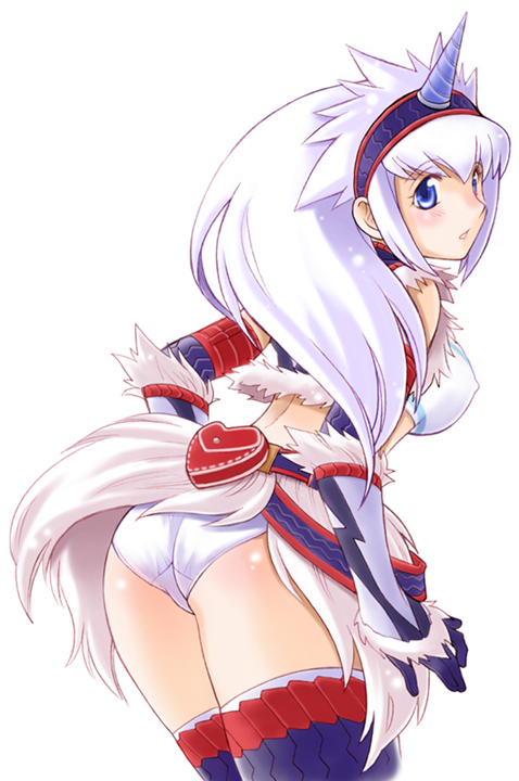 ass bad_id bad_pixiv_id blue_eyes breasts cleavage elbow_gloves gloves hairband heart horn kirin_(armor) large_breasts midriff miyasumi_(jam_session) monster_hunter panties silver_hair solo thighhighs underwear white_hair white_panties