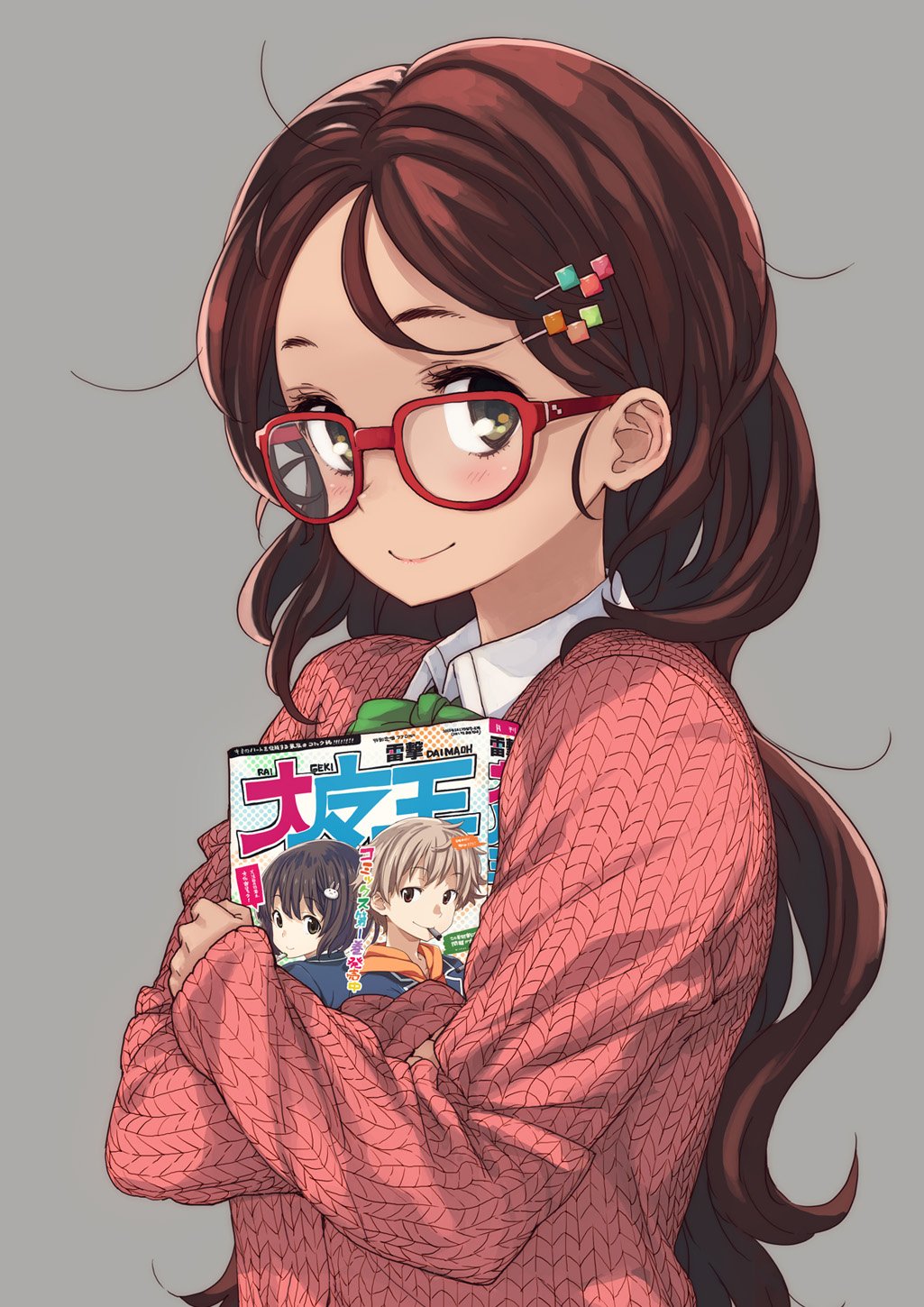 1girl bangs blush brown_hair closed_mouth collared_shirt commentary_request fine_fabric_emphasis glasses_day grey_background hair_ornament hairclip highres holding imigimuru kono_bijutsubu_niwa_mondai_ga_aru! long_hair long_sleeves looking_at_viewer original red-framed_eyewear red_sweater shirt simple_background smile solo sweater uchimaki_subaru upper_body usami_mizuki wing_collar