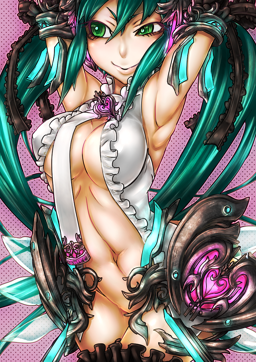 aqua_hair armpits arms_up bad_id bad_pixiv_id breasts cleavage elbow_gloves gloves green_eyes hatsune_miku hatsune_miku_(append) highres jongo long_hair medium_breasts naughty_face navel necktie solo twintails vocaloid vocaloid_append