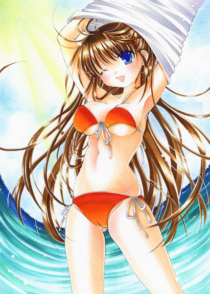 arms_up bad_id bad_pixiv_id bikini blue_eyes brown_hair cameltoe long_hair one_eye_closed original solo swimsuit tolion2228 traditional_media undressing